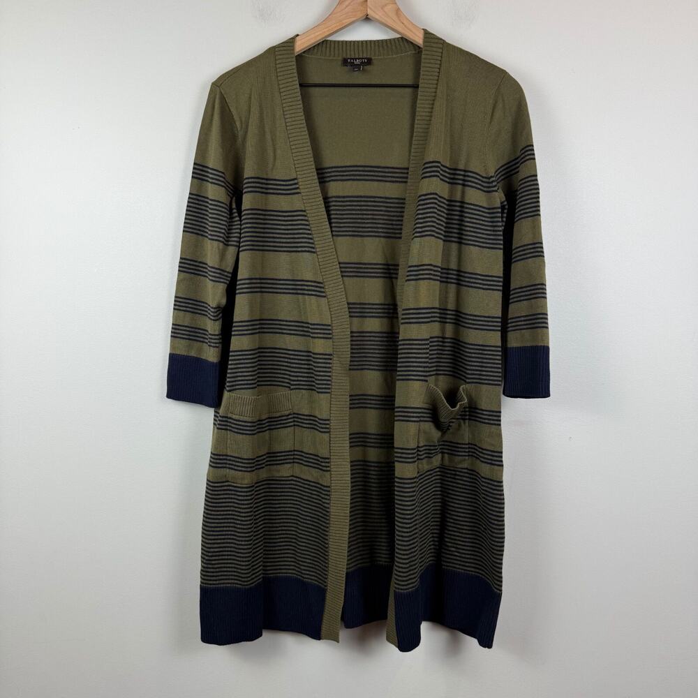 Talbots Cardigan Womens Medium Petite Green‎ Striped 100% Pima Cotton Open Long